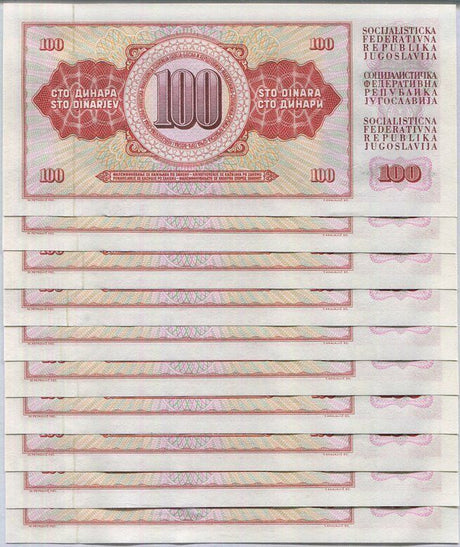 Yugoslavia 100 Dinara 1965 7-DIGIT NUMBER  P 80 b UNC LOT 10 PCS