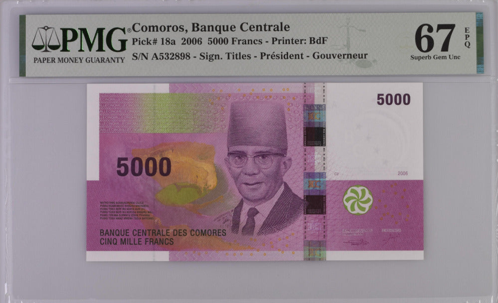 Comoros 5000 Francs 2006 P 18 a Superb Gem UNC PMG 67 EPQ
