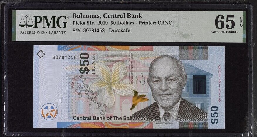 Bahamas 50 Dollars 2019 P 81 a Gem UNC PMG 65 EPQ