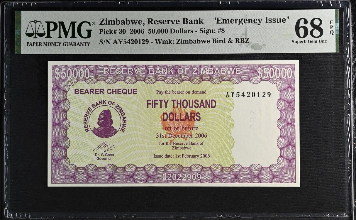 Zimbabwe 50000 Dollars 2006 P 30 Superb Gem UNC PMG 68 EPQ