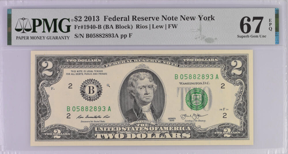 United States 2 Dollars USA 2013 P 538 B New York Superb GEM UNC PMG 67 EPQ