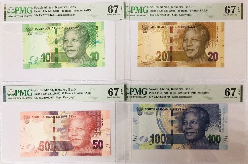 South Africa Set 4 ,10 -100 Rands ND 2016 P 138b -141b Superb GEM UNC PMG 67 EPQ