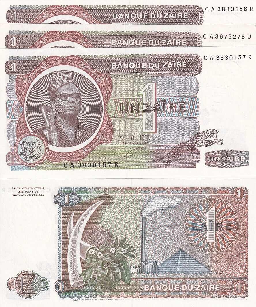 Zaire 1 Zaires 1979 P 19 a UNC LOT 3 PCS