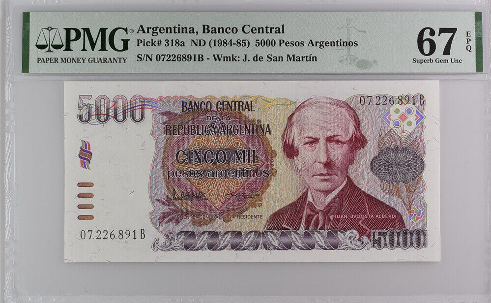 Argentina 5000 Pesos ND 1984-1985 P 318 a Superb Gem UNC PMG 67 EPQ