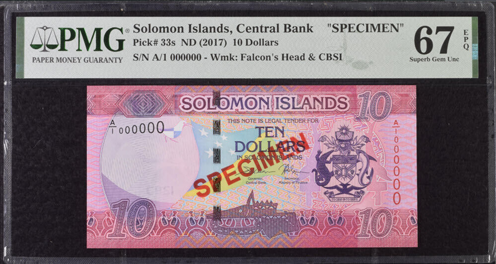 Solomon Islands 10 Dollars ND 2017 P 33 s Specimen A/1 Superb GEM UNC PMG 67 EPQ