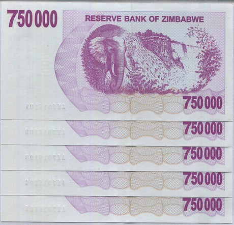 Zimbabwe 750000 Dollars Bearer Cheque 2007 P 52 UNC Lot 5 PCS