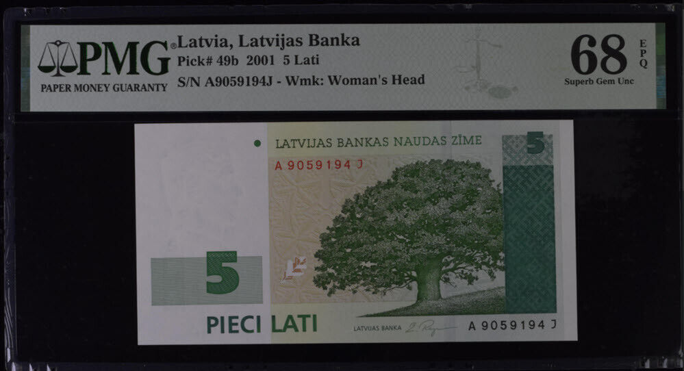 Latvia 5 Lati 2001 P 49 b Superb Gem UNC PMG 68 EPQ