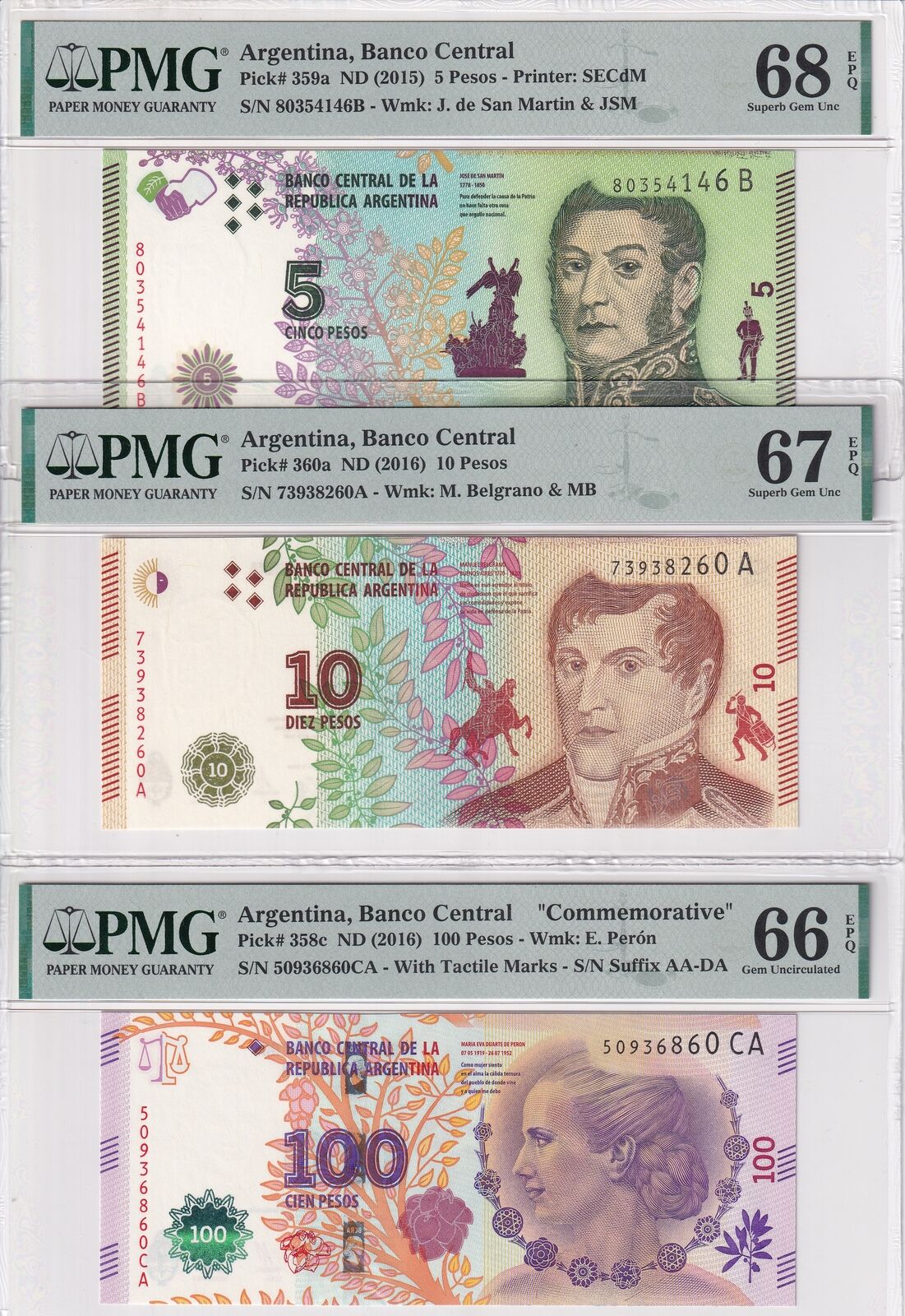 Argentina Set 3; 5 10 100 Pesos 2016 P 358- 360 Superb Gem UNC PMG 66 67 68 EPQ