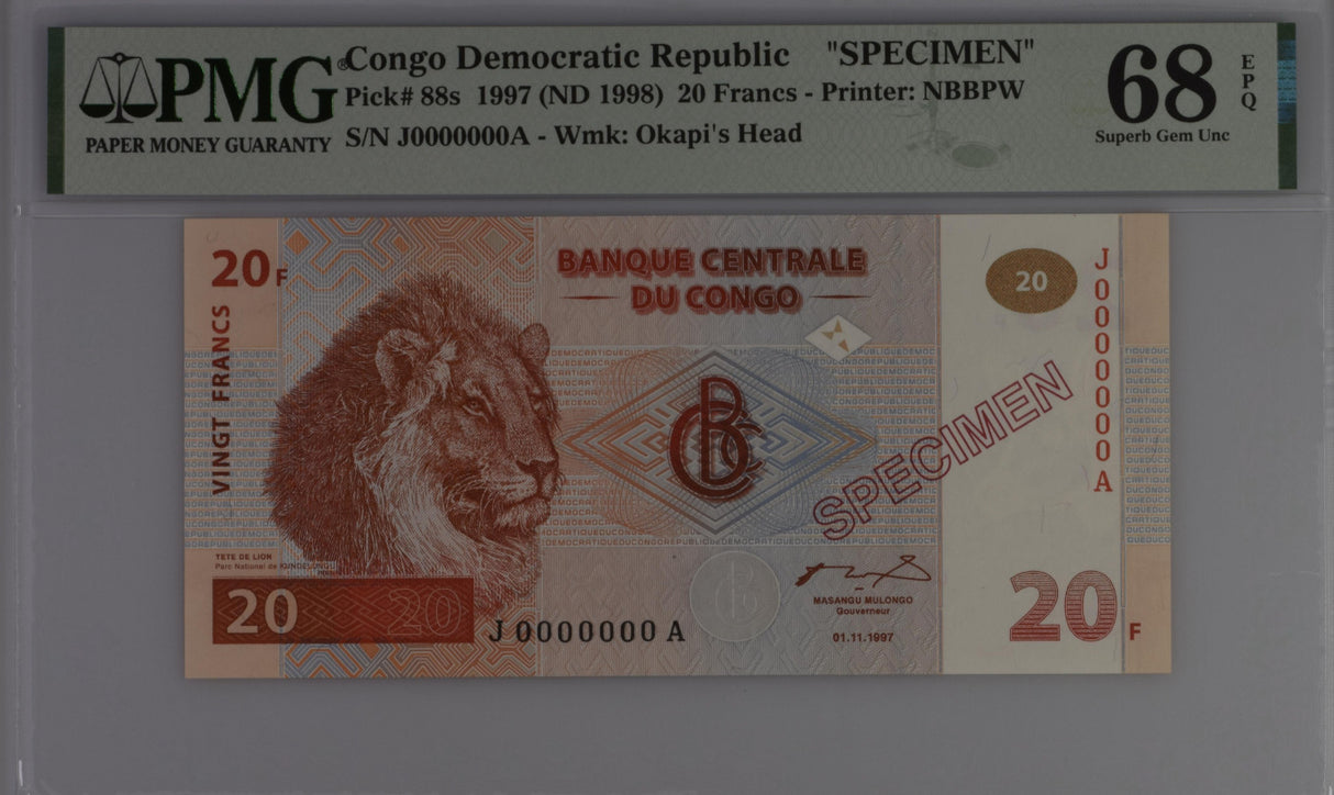 Congo 20 Francs 1997 (1998) P 88 s SPECIMEN Superb Gem UNC PMG 68 EPQ Top Pop