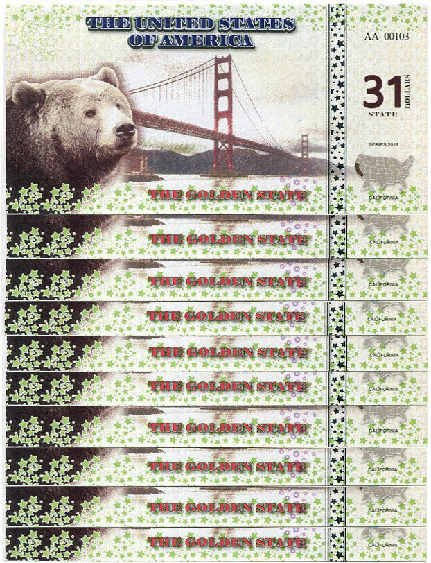 UNITED STATES 31 DOLLAR USA 2016 CALIFORNIA GOLDEN STATES BEAR LOT 10 PC