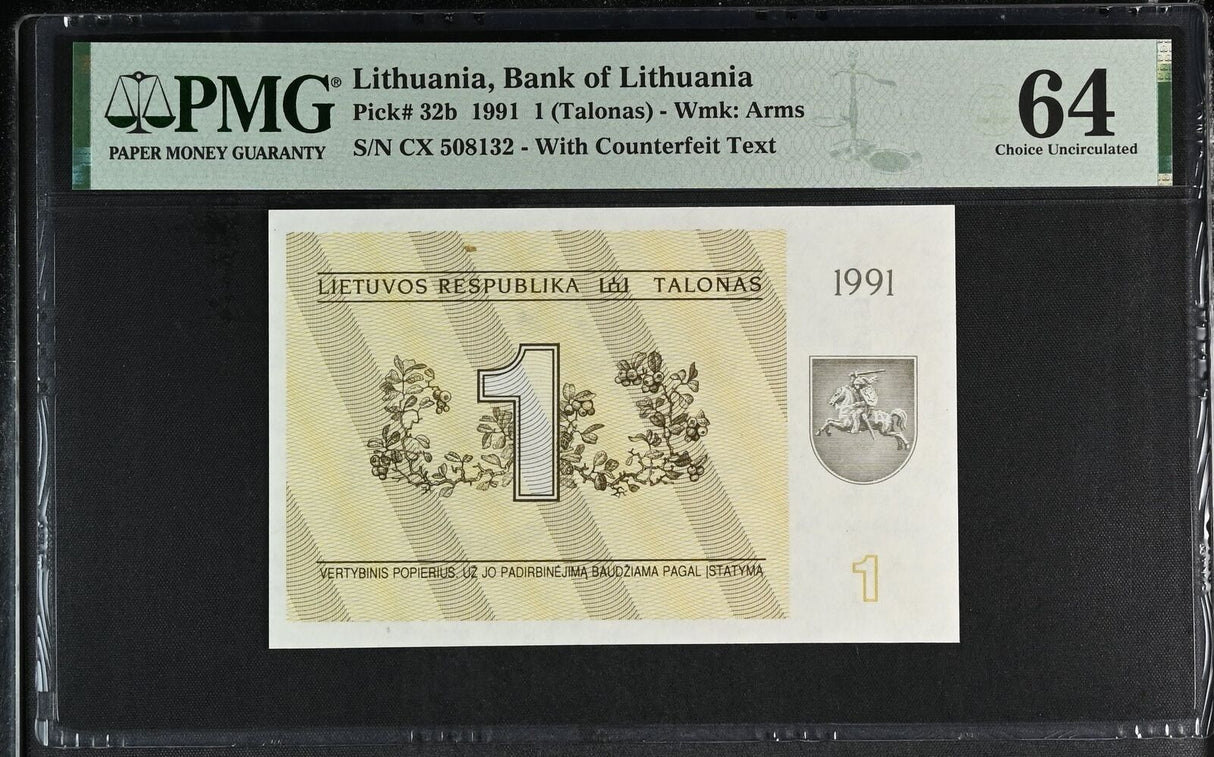 Lithuania 1 Talonas 1991 P 32 b WITH TEXT Choice UNC PMG 64 EPQ
