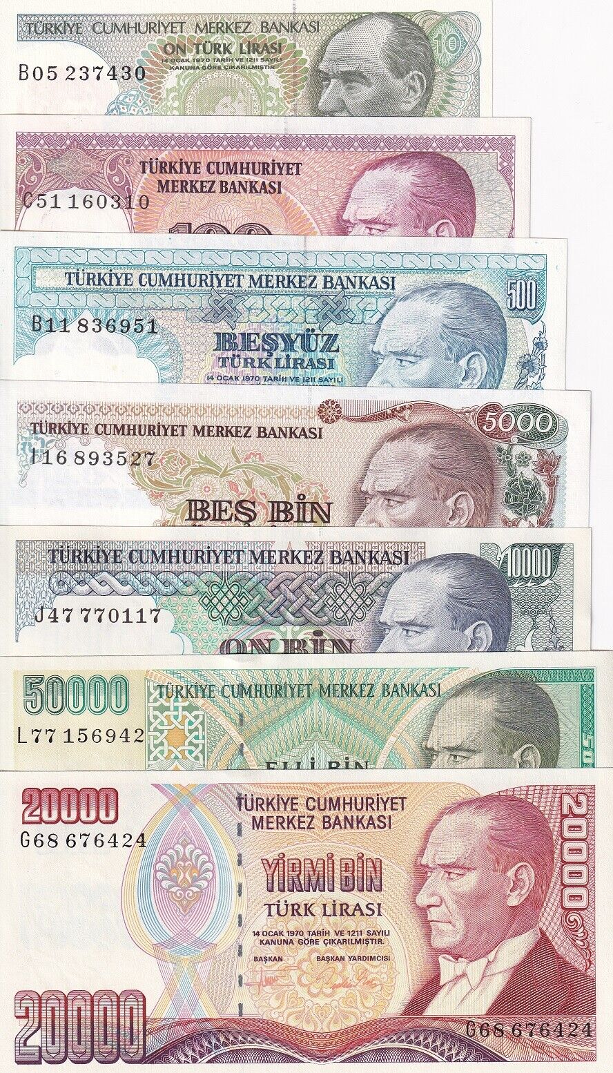 Turkey Set 7 PCS 10 - 50000 Lira L.1970 P 192 194 195 198 200 202 P 204 UNC