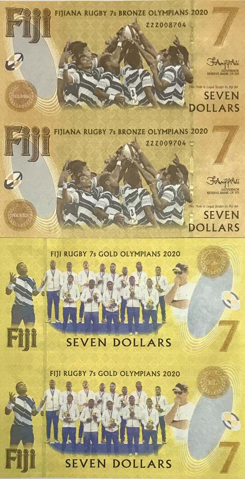 Fiji 7 Dollars 2020/2022 UNCUT SHEET OF 2 UNC ZZZ Replacemen NO Folder