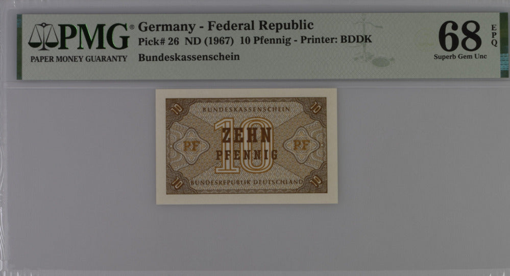 Germany Federal Republic 10 Pfennig ND 1967 P 26 Superb Gem UNC PMG 68 EPQ
