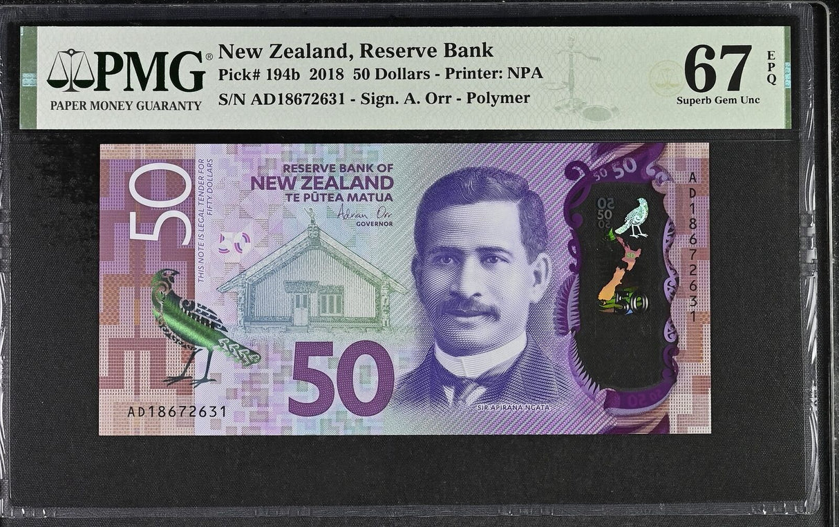 New Zealand 50 Dollars 2018 Polymer P 194 b Superb Gem UNC PMG 67 EPQ