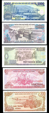 VIETNAM SET 5 PCS 200 500 1000 2000 5000 DONG 1987-91 P 100 101 106 107 108 UNC