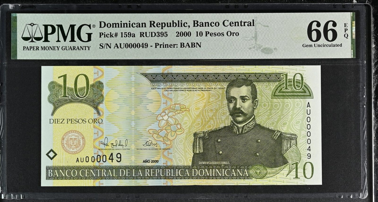 Dominican Republic 10 Pesos 2000 Low serial # 2 Digit P 159 a Gem UNC PMG 66 EPQ