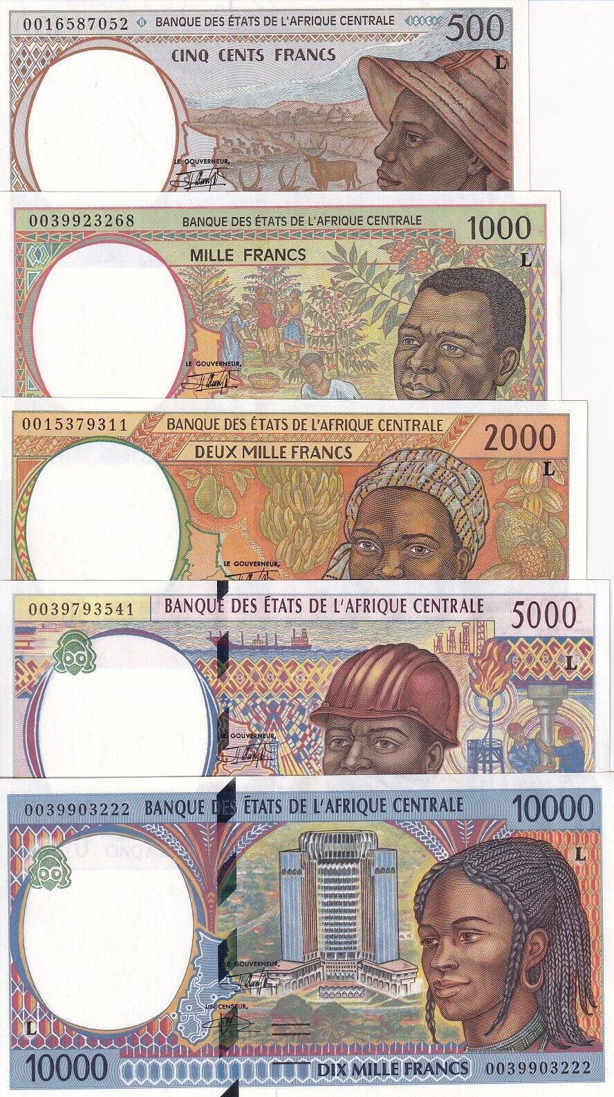 Central African Gabon Set 5 UNC 500 -10000 Francs Random Date P 401L - P 405L