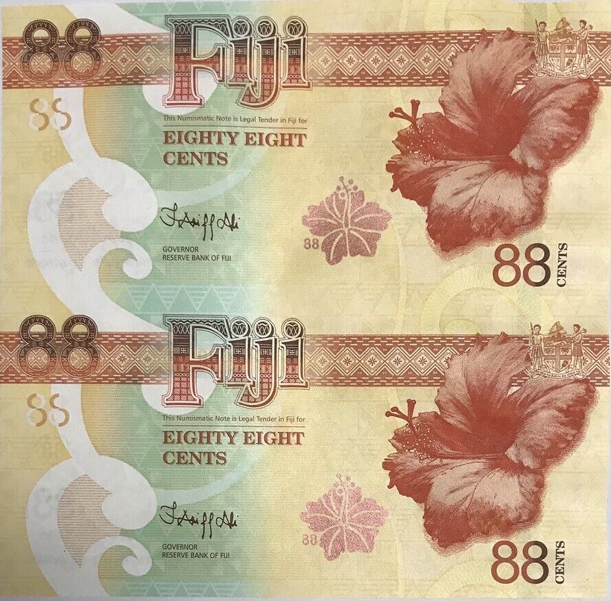 Fiji 88 Cents 2022 God of Wealth Commemorative P 123 UNCUT SHEET OF 2 UNC
