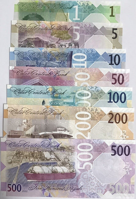 Qatar Set 7 UNC 1 5 10 50 100 200 500 Riyals 2020 2022 P 33 34 35 36 37 38