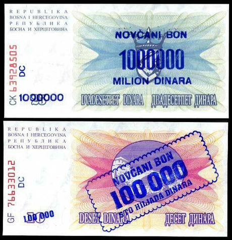 Bosnia & Herzegovina SET 2 UNC 100,000 1 M. Dinara 1993 P 34 b 35 b