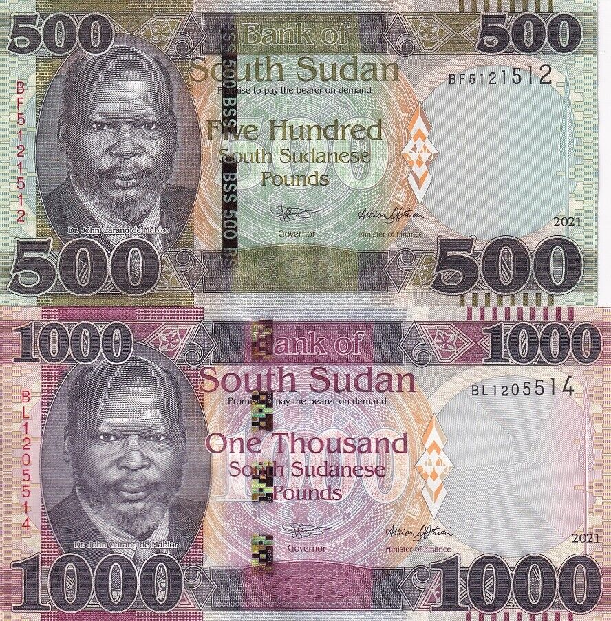 South Sudan Set 2 AUnc 500 1000 Pounds 2021 P 16 17 New Sign