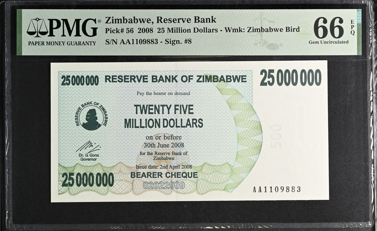 Zimbabwe 25 Million Dollars 2008 P 56 Gem UNC PMG 66 EPQ