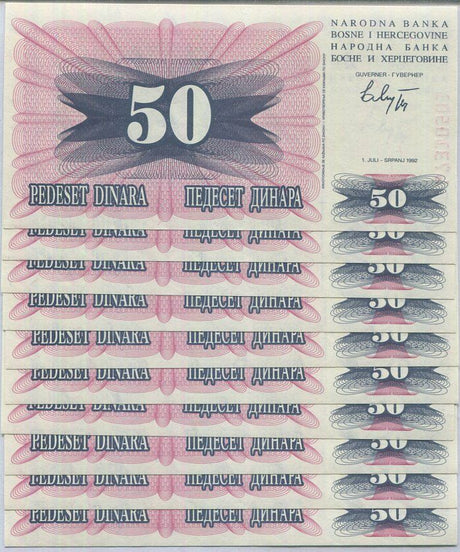 BOSNIA 50 DINARA 1992 P 12 UNC LOT 20 PCS
