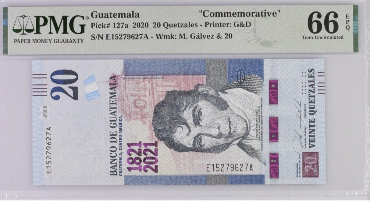 Guatemala 20 Quetzales 2020 P 127 a Comm. Gem UNC PMG 66 EPQ
