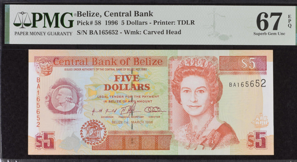 Belize 5 Dollars 1996 P 58 Superb Gem UNC PMG 67 EPQ