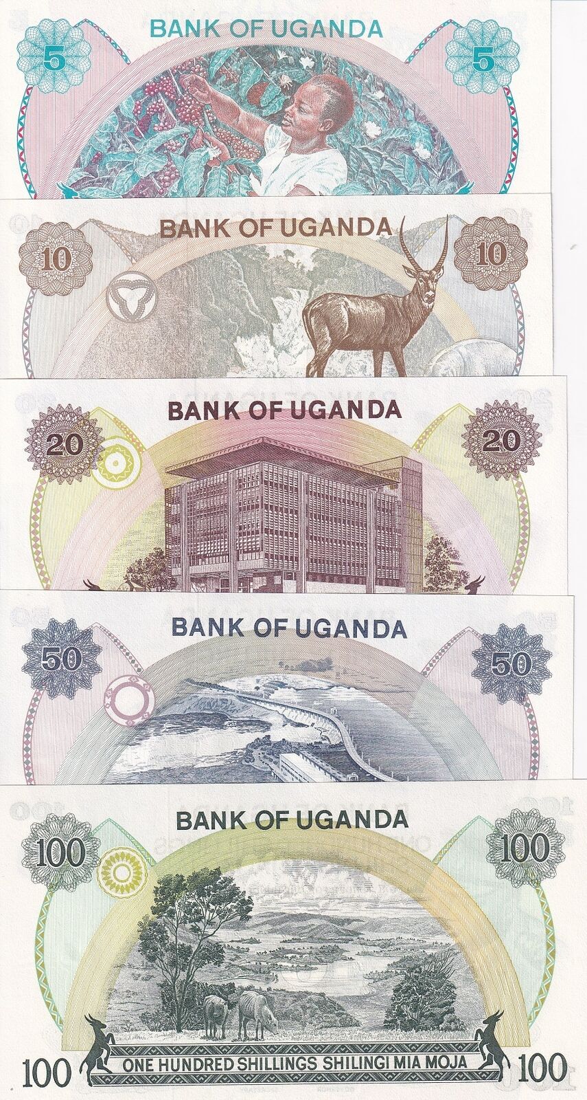 Uganda Set 5 PCS 5 10 20 50 100 Shillings 1973-1977  P 5A P 6 P 7 P 8 P 9 UNC