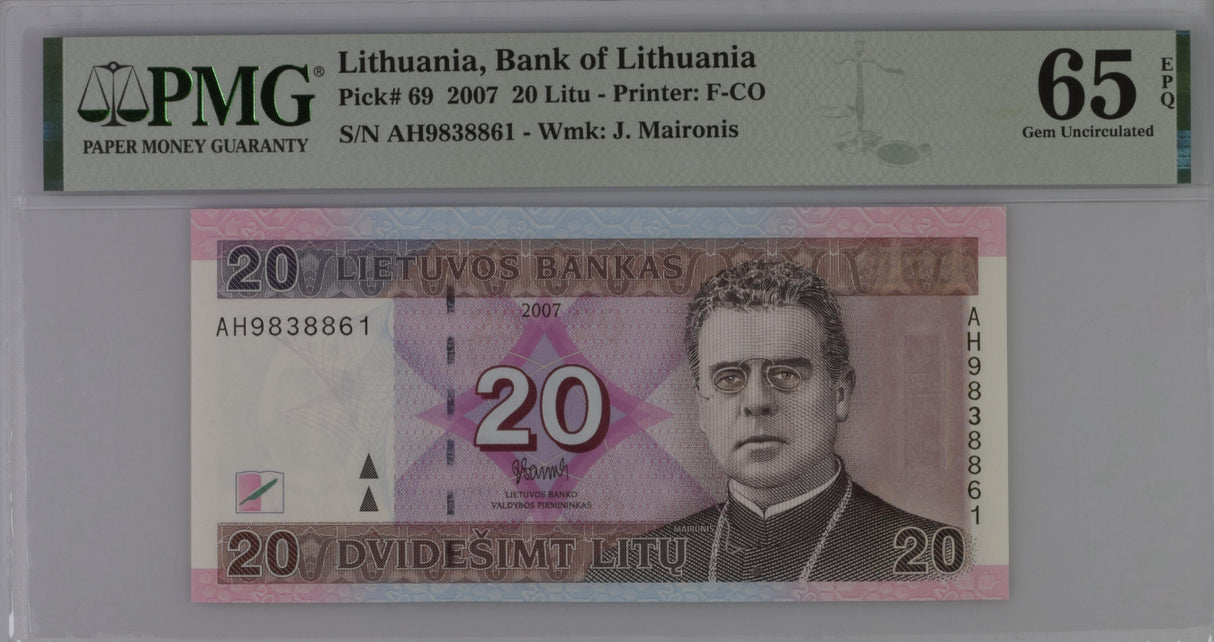 Lithuania 20 Litu 2007 P 69 GEM UNC PMG 65 EPQ