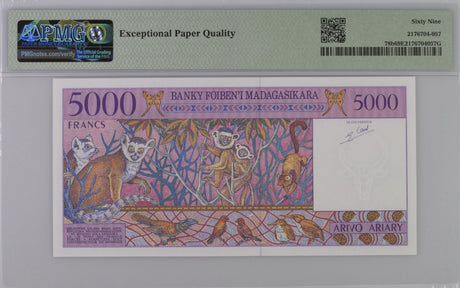 Madagascar 5000 Francs 1000 Ariary ND 1995 P 78 b Superb GEM UNC PMG 69 EPQ