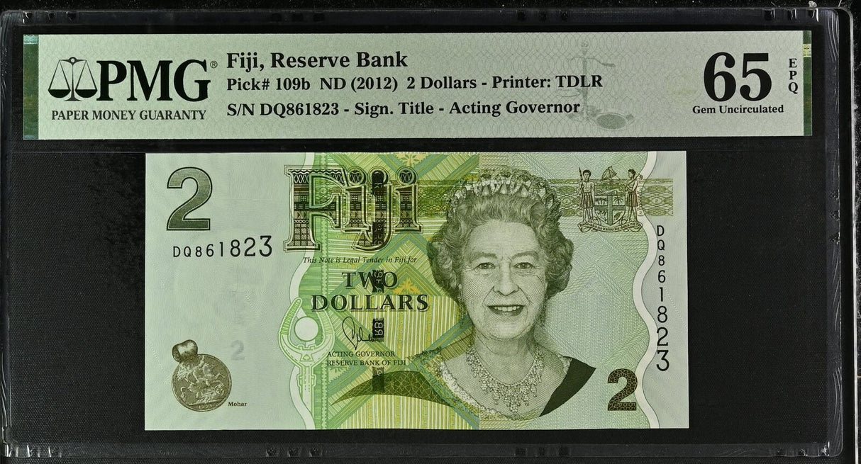Fiji 2 Dollars ND 2012 P 109 b QE II Gem UNC PMG 65 EPQ