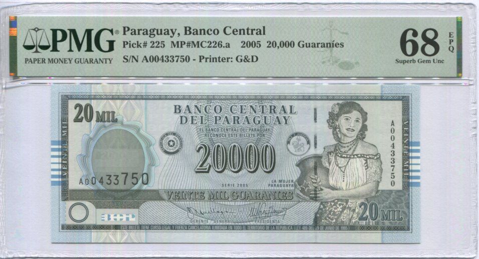 Paraguay 20000 Guaranies 2005 P 225 Superb Gem UNC PMG 68 EPQ
