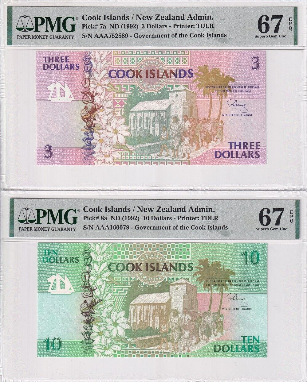 Cook Islands Set 2; 3 10 Dollars 1992 P 7 a P 8 a Superb Gem UNC PMG 67 EPQ