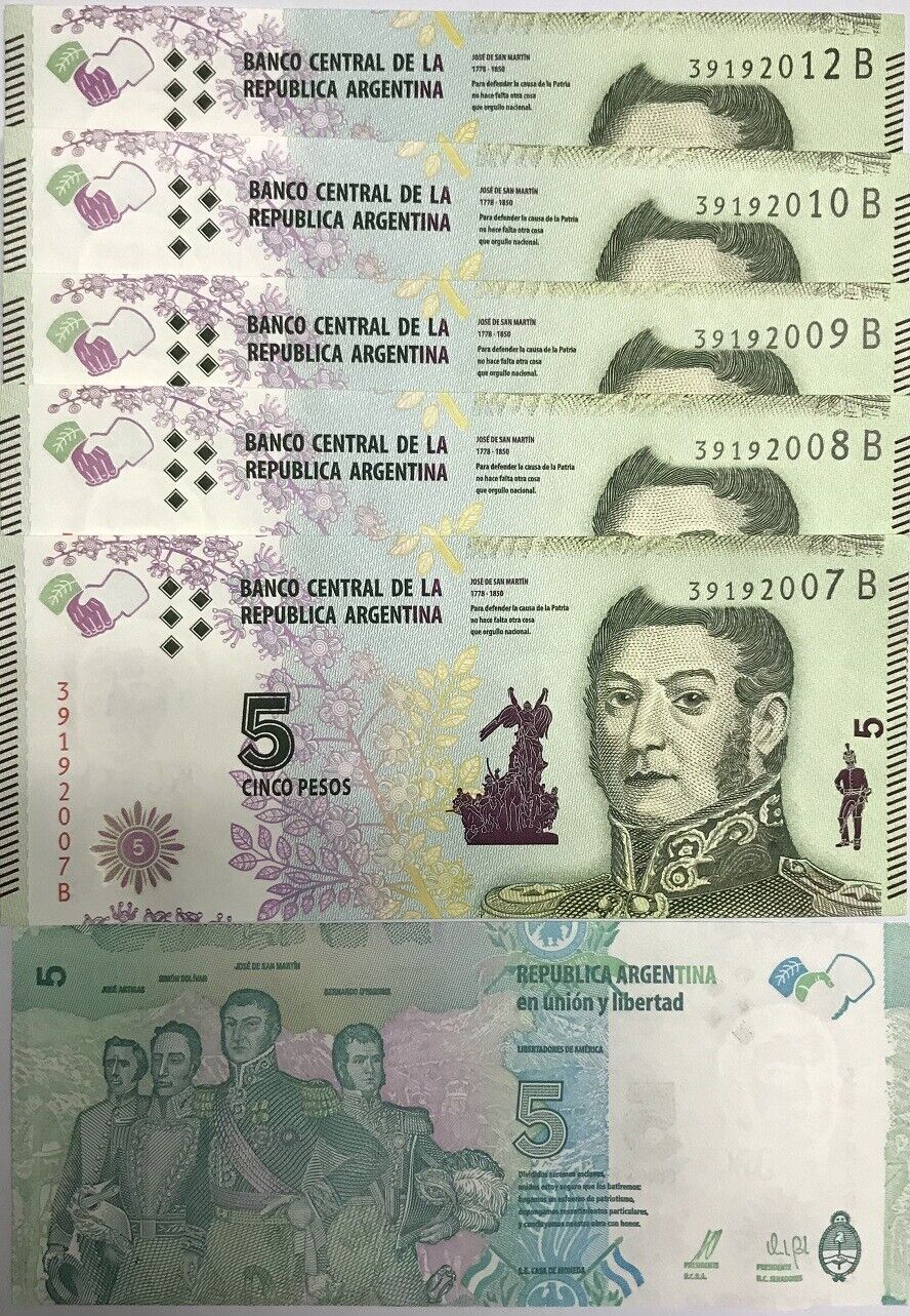 Argentina 5 Pesos 2015 SERIES B P 359 UNC LOT 5 PCS
