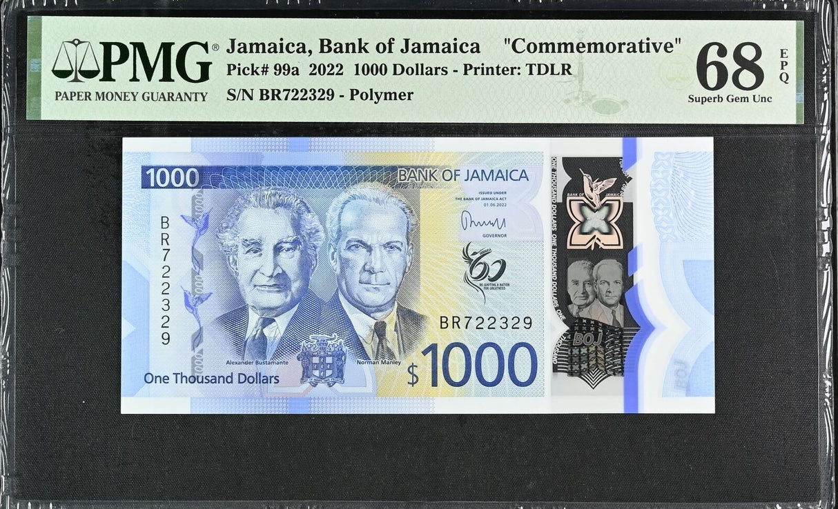 Jamaica 1000 Dollars 2022 P 99 a Comm. Superb Gem UNC PMG 68 EPQ