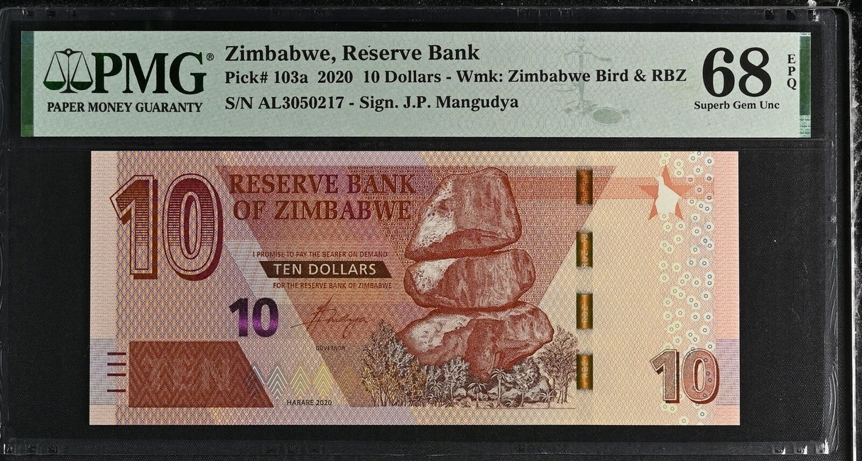 Zimbabwe 10 Dollars 2020 P 103 a Superb Gem PMG 68 EPQ
