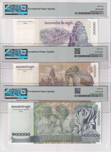 Cambodia Set 3, 20000 50000 100000 Riels 2008-2013 P 60a-P62a Gem UNC PMG 66 EPQ