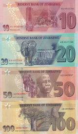 Zimbabwe Set 4 Pcs 10 20 50 100 Dollars 2020 P 103 104 P 105 P 106 UNC