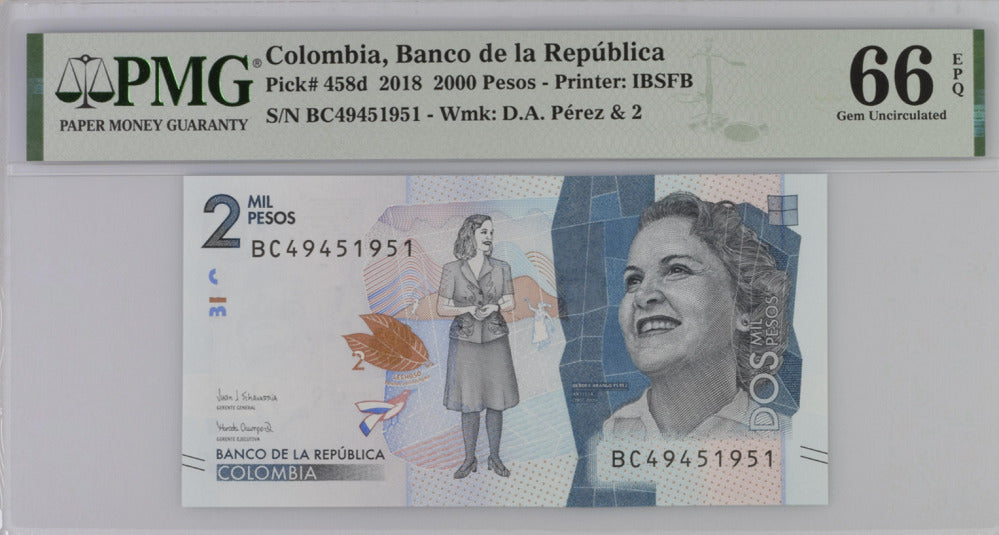 Colombia 2000 Pesos 2018 P 458 d Gem UNC PMG 66 EPQ