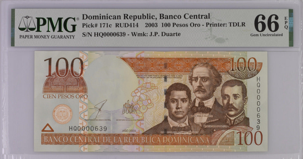 Dominican Republic 100 Pesos 2003 P 171 c # 0000639 Gem UNC PMG 66 EPQ