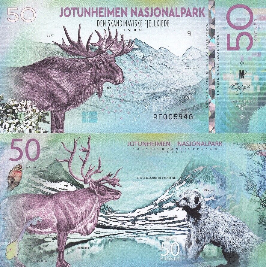 Norway Jotunheimen National Park 50 Kroner Polymer 2018 Elk Wolverine UNC