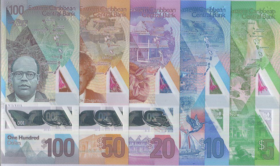 EAST CARIBBEAN SET 5 UNC 5 10 20 50 100 D. 2019-2021 P 55A 56 57 58 59 POLYMER