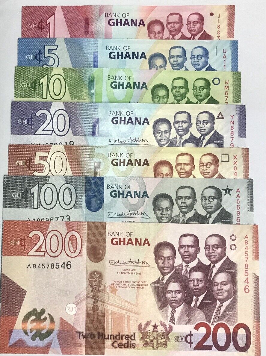 GHANA SET 7 UNC 1 5 10 20 50 100 200 CEDIS 2019 P 46 47 48 49 50 51 UNC