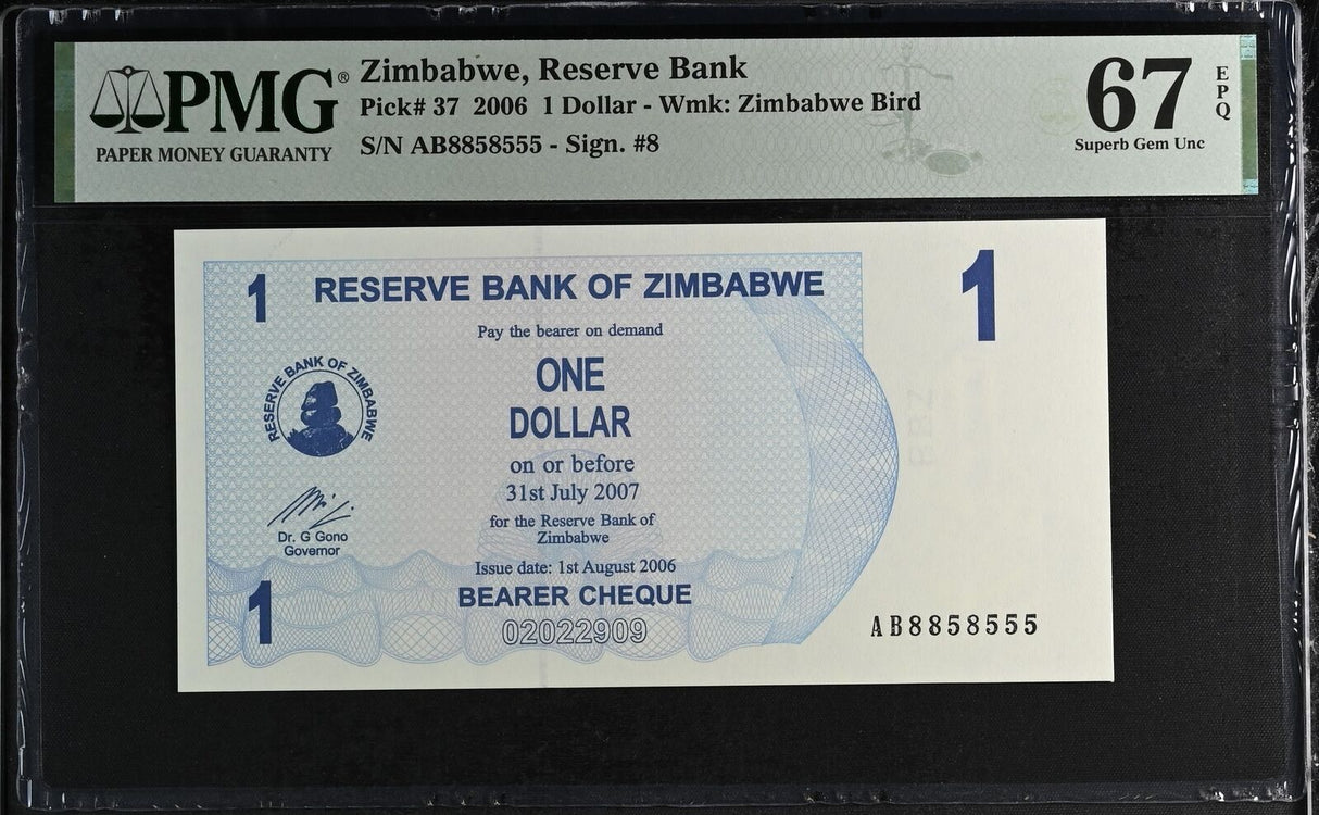 Zimbabwe 1 Dollar 2006 P 37 NICE 8858555 Superb Gem UNC PMG 67 EPQ
