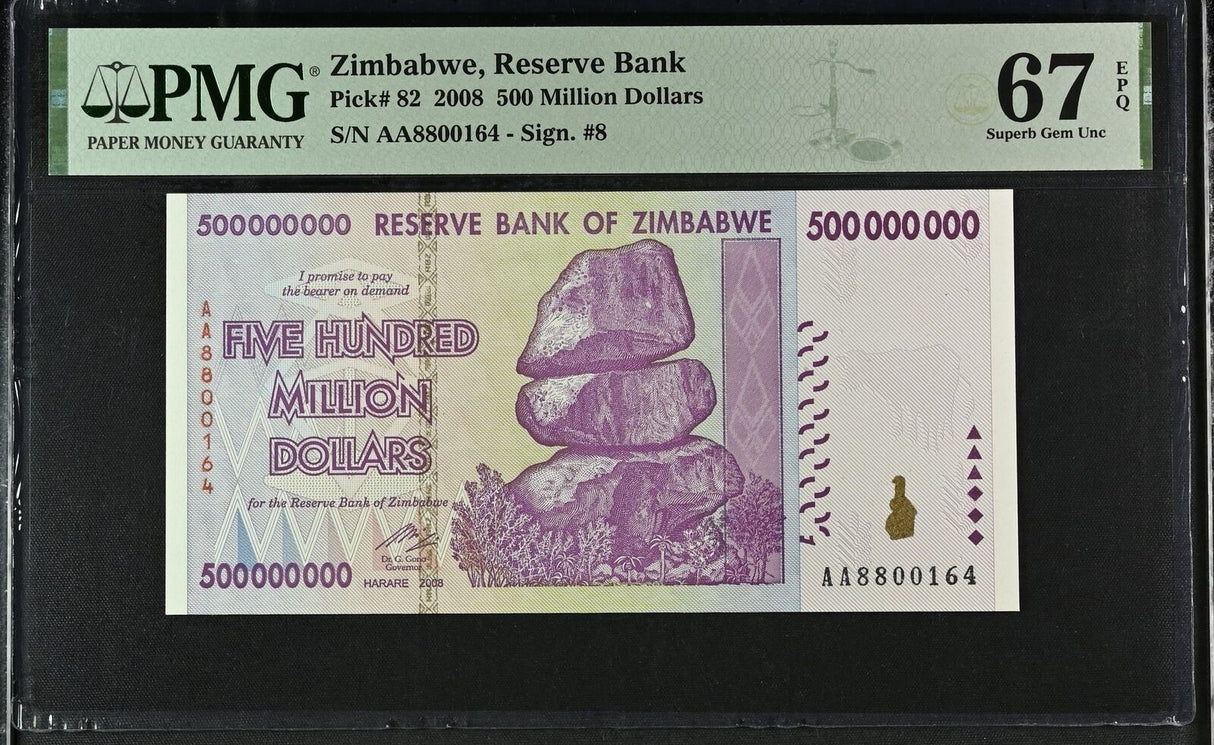 Zimbabwe 500 Million 2008 P 82 Superb Gem UNC PMG 67 EPQ