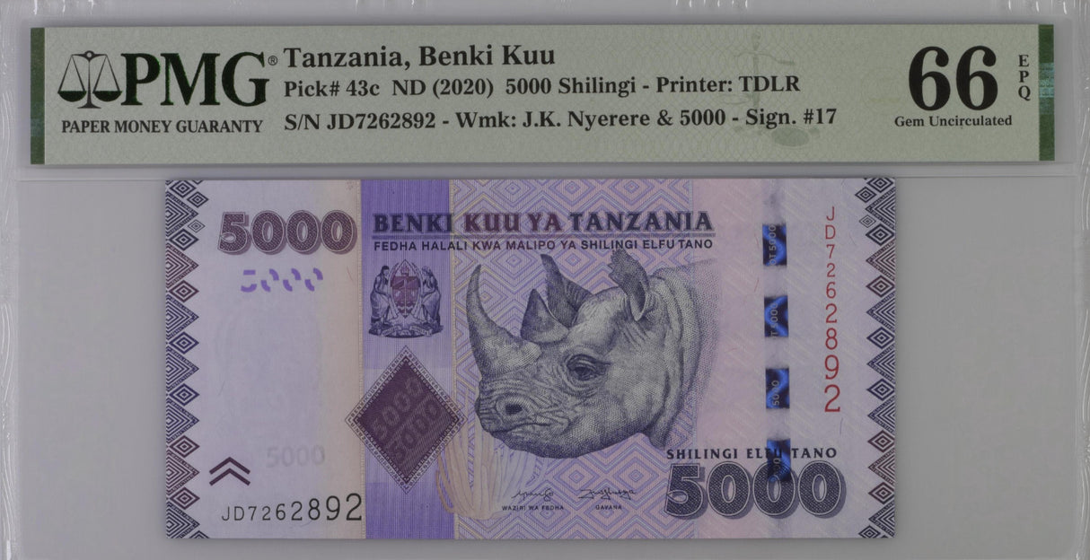Tanzania 5000 Shilling ND 2020 P 43 c Superb Gem UNC PMG 66 EPQ