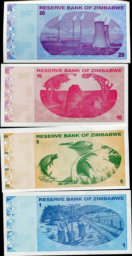 ZIMBABWE SET 4 PCS 1 5 10 20 DOLLARS 2009 P 92 93 94 95 UNC